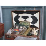 (6) Small case with a quantity of trench art, napkin rings, clocks, loose cutlery, bobbins and