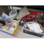 4 boxes containing photo frames, tins, glassware, lampshade and ornaments