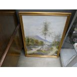 (2040RR) 536 - Framed and glazed water colour of a mountain and river scene with silver birch