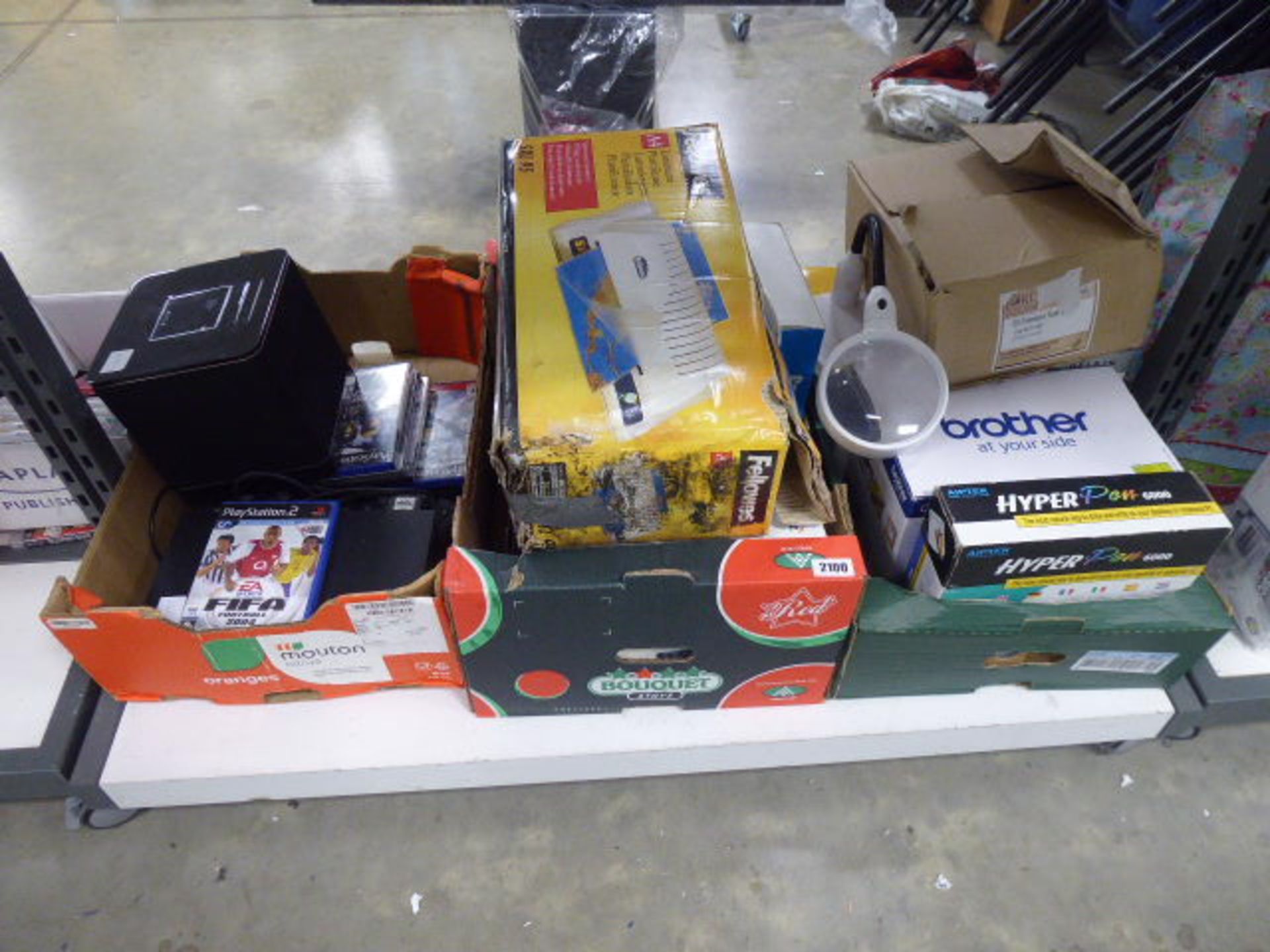 2 boxes of misc. IT equipment and office accessories inc. Brother printer, Fellowes laminator,