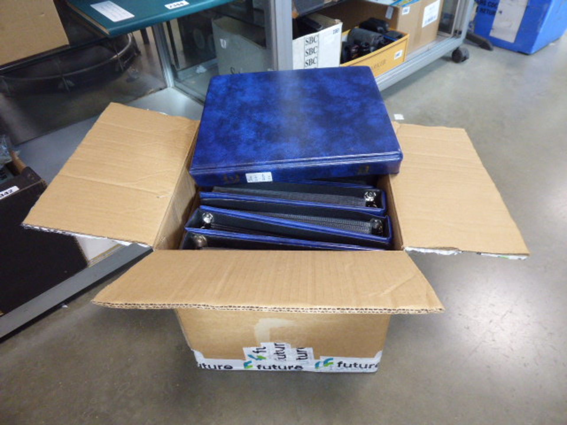 6 various blue Stanley Gibbons binders in box containing first day covers