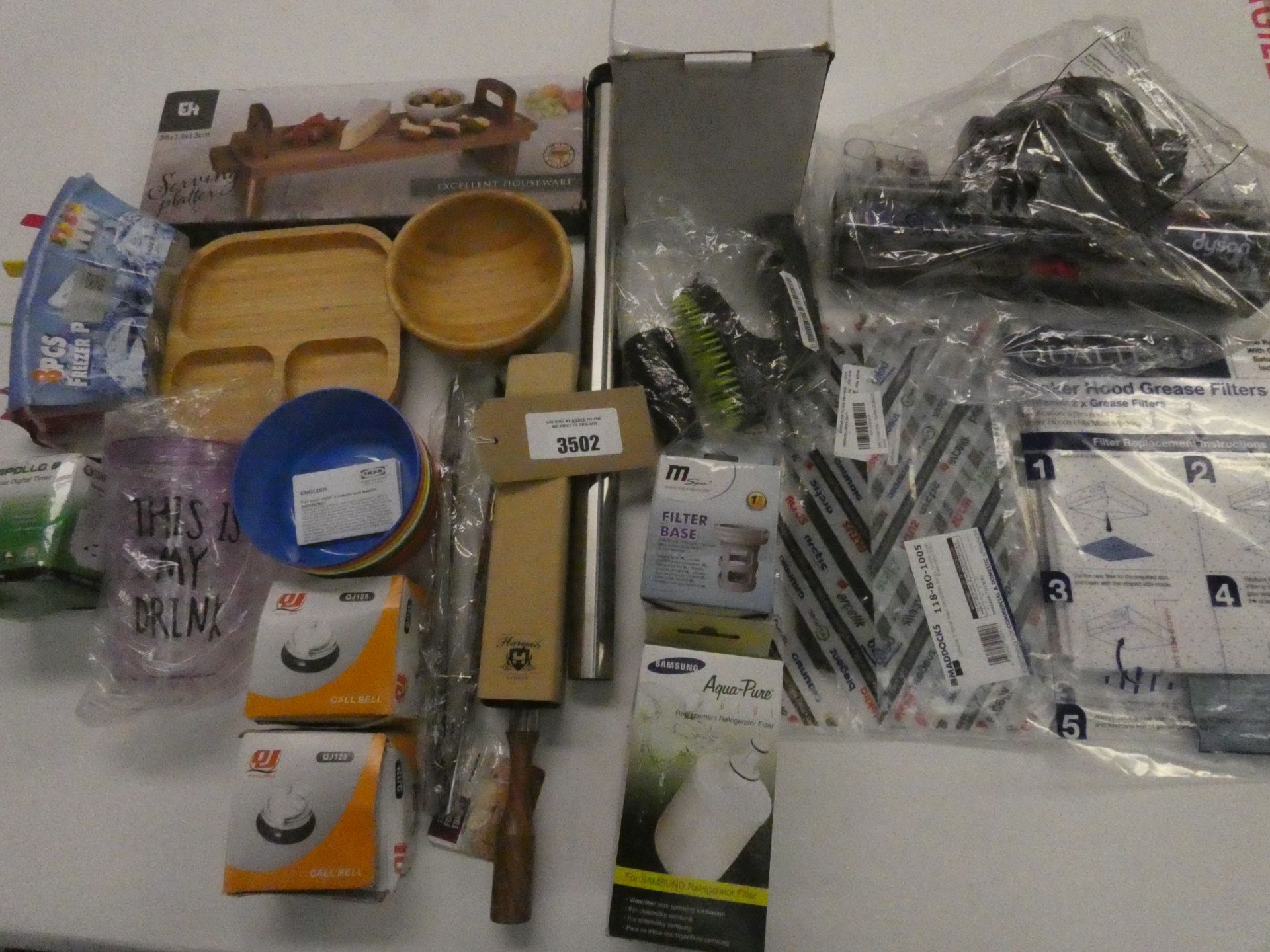 Bag containing kitchenalia and cleaning accessories; Dyson active base plate, cooker hood filters,