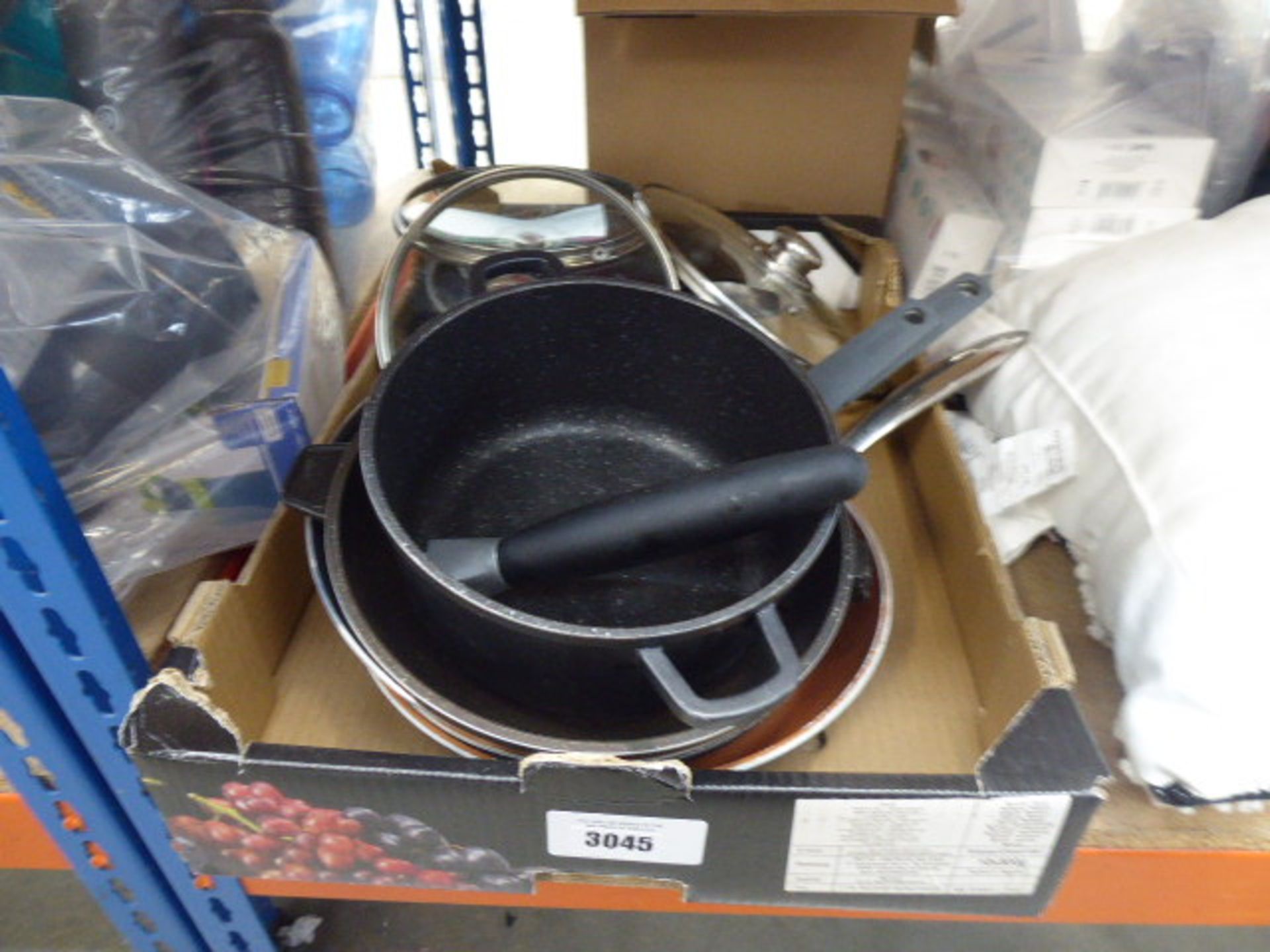 Tray containing mixed pots and pans (used)