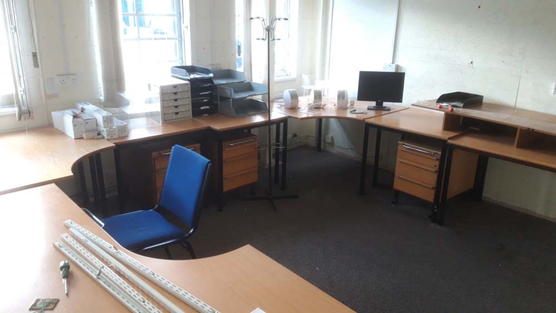 Suite of office furniture to include a miscellaneous collection of 13 tables, 12 pedestals, 10