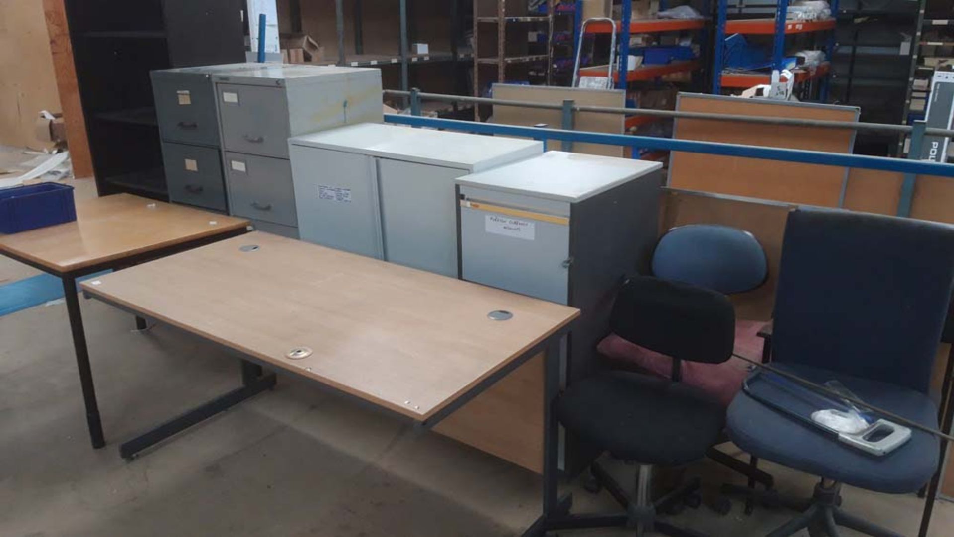 3 metal filing cabinets, 2 door cabinet, open front cabinet, 2 tables and 4 chairs (This lot is