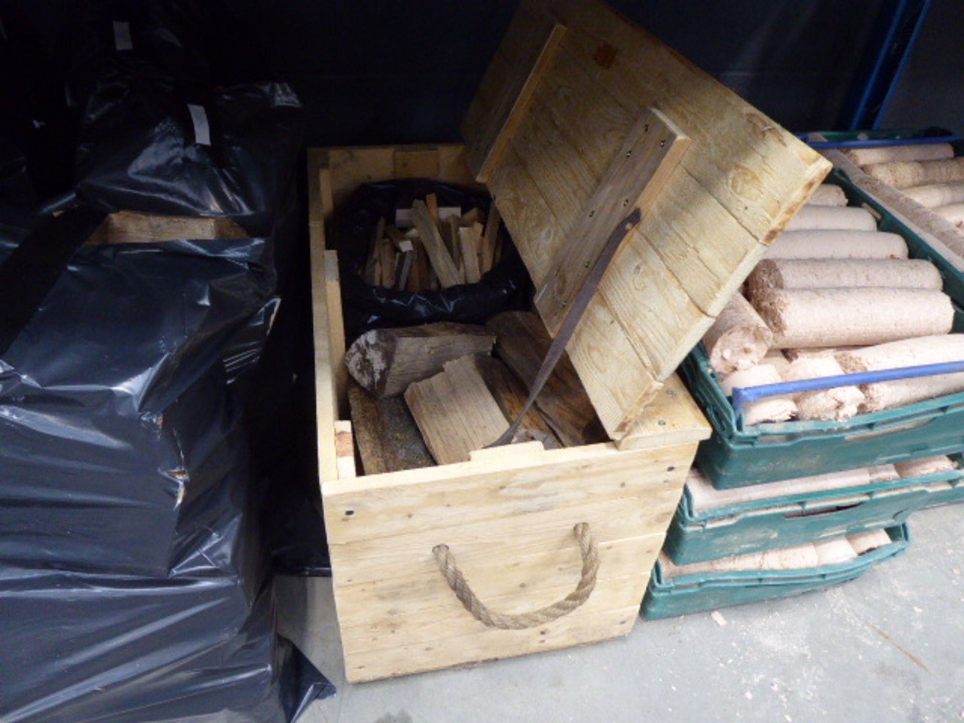3 large bags and large wooden box of kindling