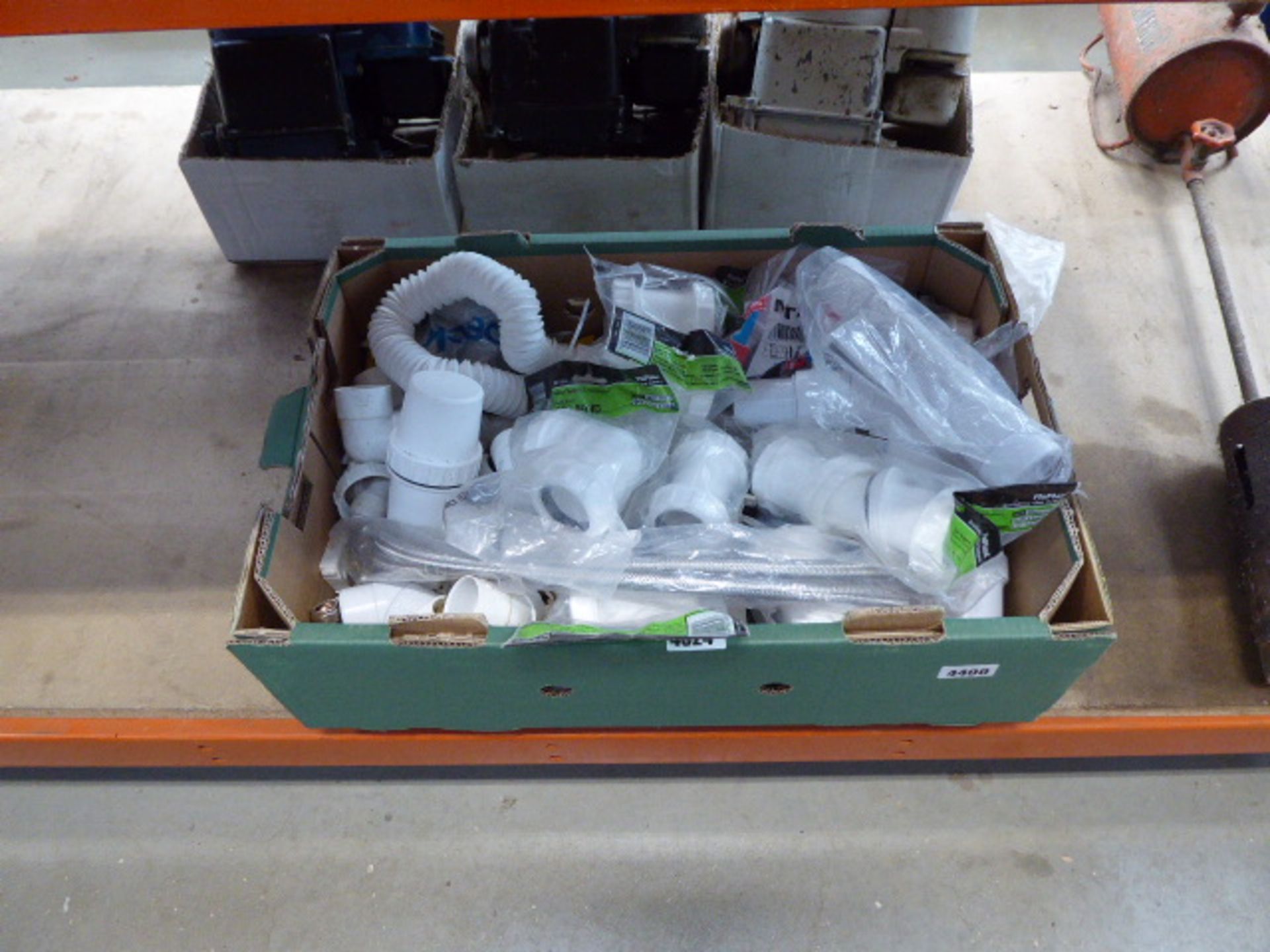 Box of plumbing items inc. hoses, fixings, shut off valves etc