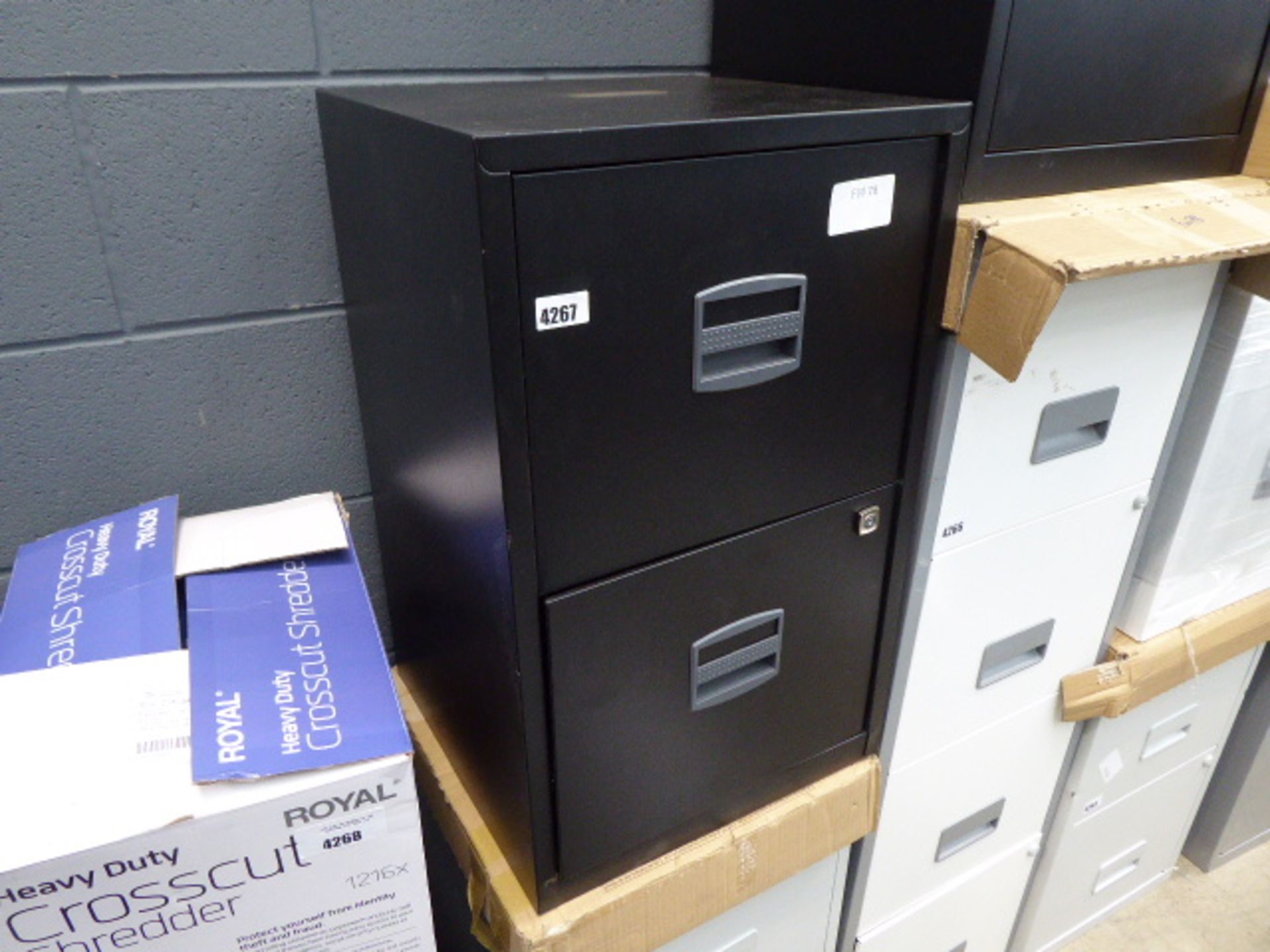 1 black and 1 grey 2 drawer metal filing cabinets