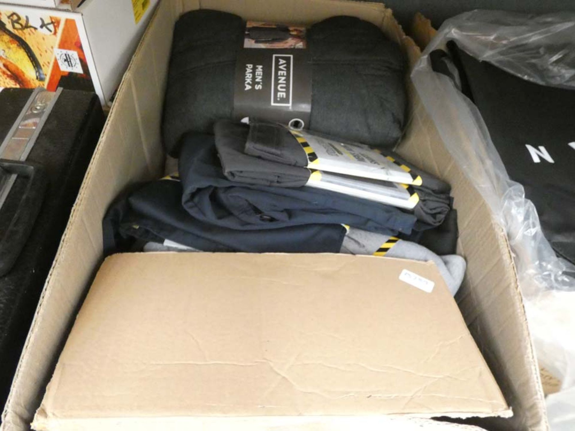 Large box containing mixed workwear, Parker coat, etc