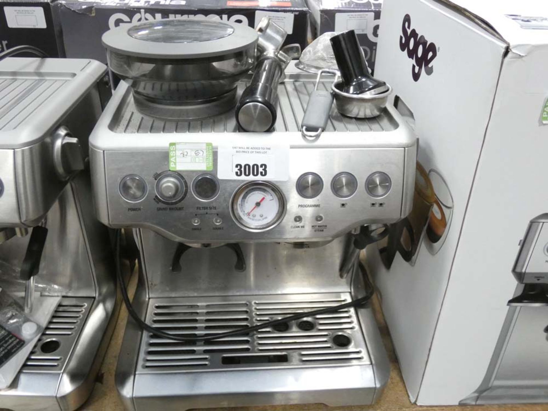 87 Boxed Sage Barister Express coffee machine, unboxed with 2 attachments