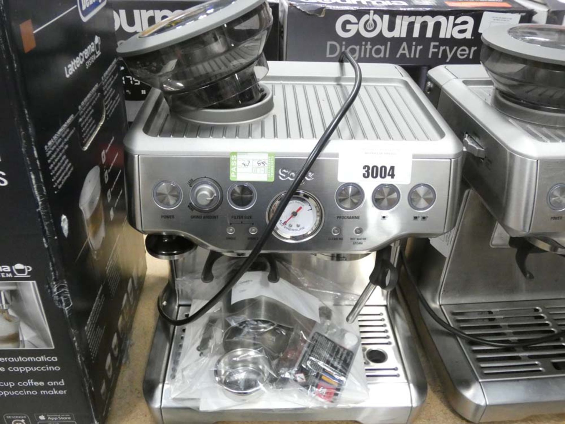 88 Boxed Sage Barister Express coffee machine, unboxed with one attachment