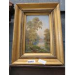 Small gilt framed oil on board, painting of a riverside scene