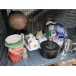 A cage of assorted items, to include: Kernewek, Cornwall drip vase, Beswick character jug, china