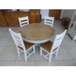 Ashbourne Grey Painted Round Pedestal Extending Dining Table with 4 x Chester White Painted Oak Slat