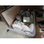 Single box of household china to include cups, clocks, white metalware, collectable plates