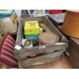 A wood crate of collectible tins, to include: chalk refills, Rematiptop, Ovaltine, Romac and others