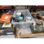 Three boxes of assorted ceramic and household ware to include dog figurines, vases, cut glass bowls,