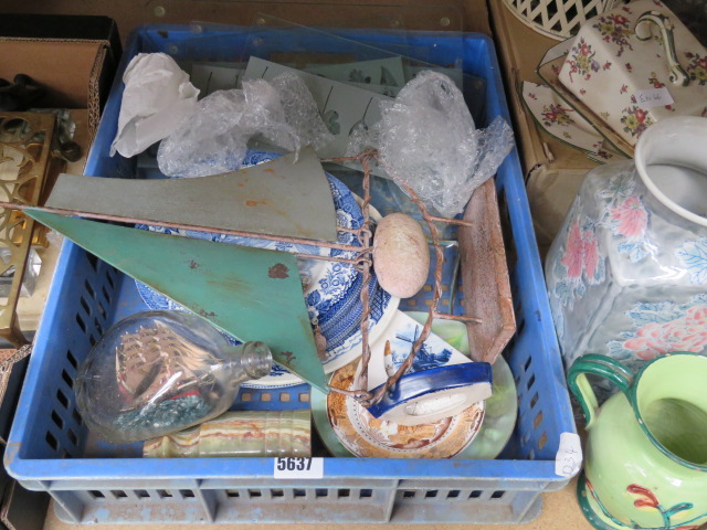 Single box of assorted items to include metal work yacht figure, ship in a bottle, blue and white