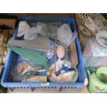 Single box of assorted items to include metal work yacht figure, ship in a bottle, blue and white