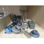 Part cage of assorted items to include candlesticks, military phone sets, headsets, anti gas