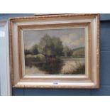 5556 Oil on canvas, painting of a riverside and boating scene