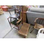 Woven topped footstool and 2 assorted chairs of dark wood form and green upholstery