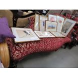 Dark wood heavily carved chaise lounge with red velvet floral fabric *Sold subject to our soft