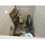 Single box of copper and brassware to include letter racks, door stops, large bronze stag figurine