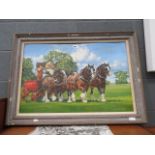 A Norman Hoad oil on board painting of a horsedrawn beer wagon