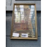 Small framed and glazed painting of a lady gazing out of a window