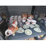 A cage of mainly Jasperware, Country Rose teapot & jugs and a florally decorated glasses