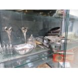 A shelf of assorted white metalware, to include: flower vases, pin trays, mirrors, mugs and large