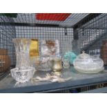 A cage to contain: various glassware, vase, bowls, EPNS cutlery and a metal tin