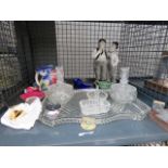 A cage of items, to include: cut glass trinket trays, ring holders, watches and stamps