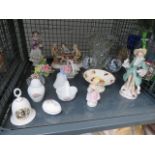 A cage of assorted items, to include: collectable bell figurines, cut glass vases and wine glasses