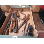 Single box of assorted tools to include chisels, files, braces, goggles