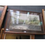 Modern framed and glazed painting of a riverside scene inscribed A P Morris