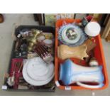 Two boxes of assorted household items, to include: large blue & white jugs, Slovac jug, fish jugs,