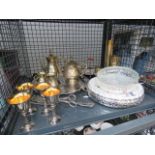 A cage of white metalware, to include: trays, wine glasses and a coffee set