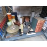 A single cage of items, to include: cookery books, aluminium thermos flask, lighters, car horns