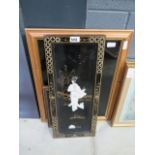 An Oriental panel and three advertising mirrors, to include: Martini, Chocolate Pulan and Johnnie