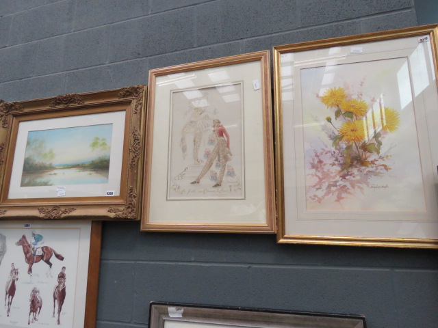 3 watercolours depicting riverside scene, dancing lady and flowers