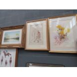 3 watercolours depicting riverside scene, dancing lady and flowers