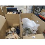 Two boxes of assorted glass vases, glass bowls, strawberry decorated china, cutlery, coffee spoon