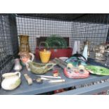 A cage of assorted items, to include: roller pens, watches, 1960's salt & pepper shakers, mini