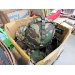 Box of assorted military helmets