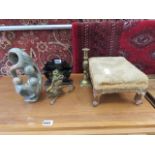 Collection of items to include brass candlesticks, small black and flower painted letter rack,