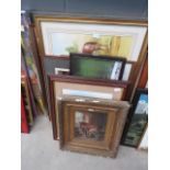 Large assortment of paintings in various mediums to include blacksmith at work, horses heads,