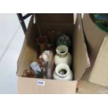 Single box of household china to include vases, radium glazed vases, cut glass vases, mugs