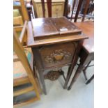 Oak sewing box with blue liner and shelf under